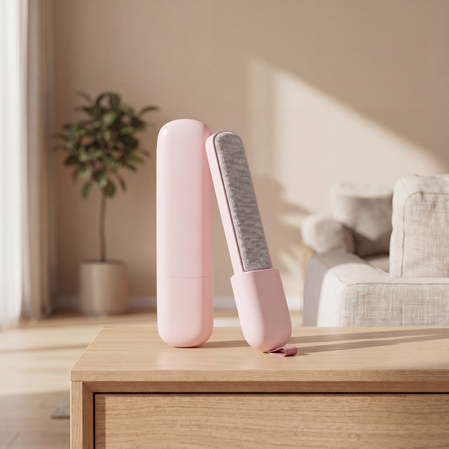 Luvari CleanBrush Tierhaarentferner in Rose auf einer Holzkommode