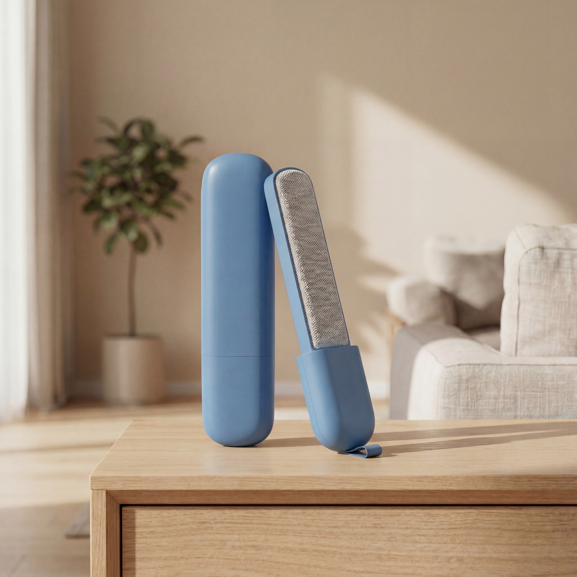 Luvari CleanBrush Tierhaarentferner in Blau auf einer Holzkommode