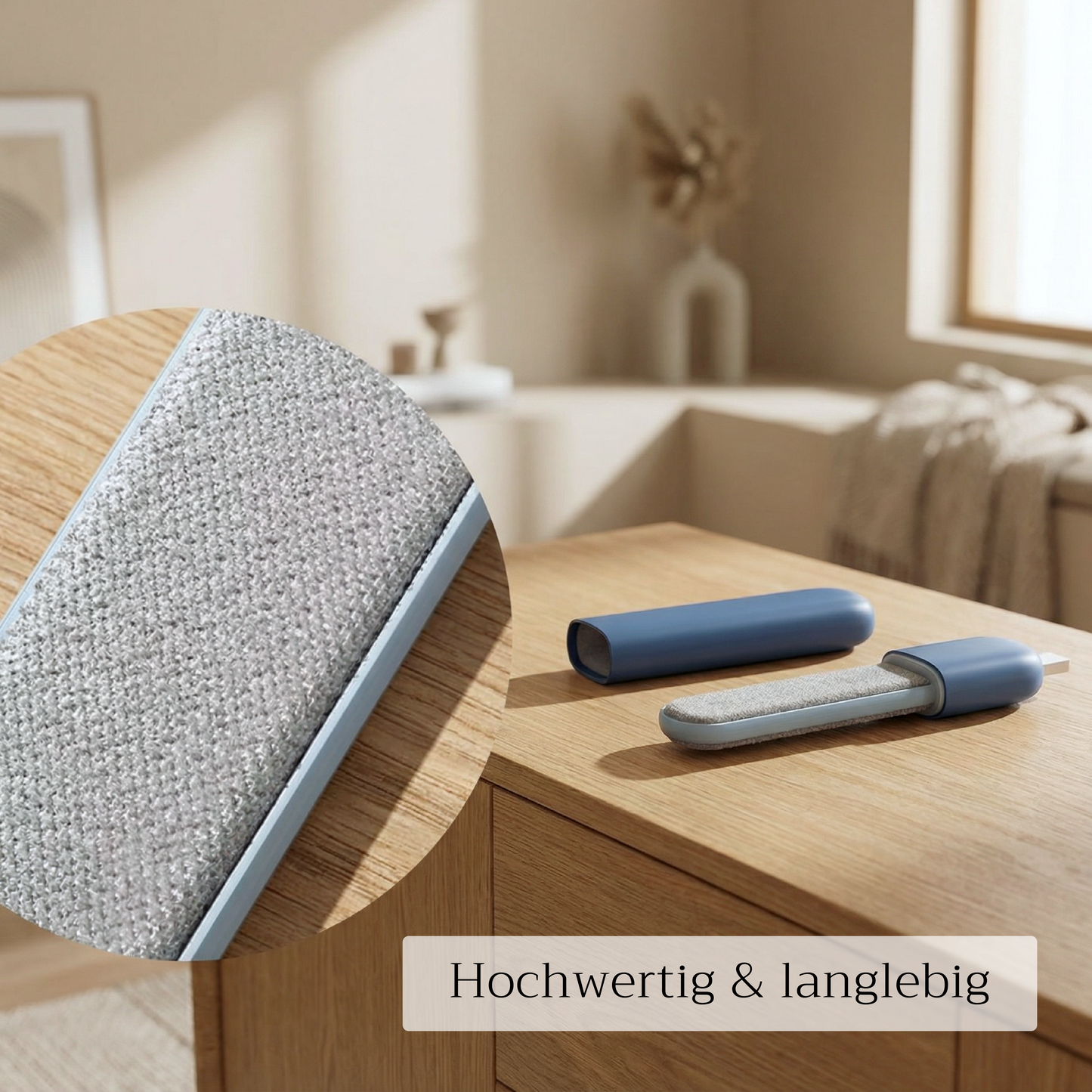 Reinigungsfläche und Hülle der Luvari CleanBrush in Blau auf einem Holztisch