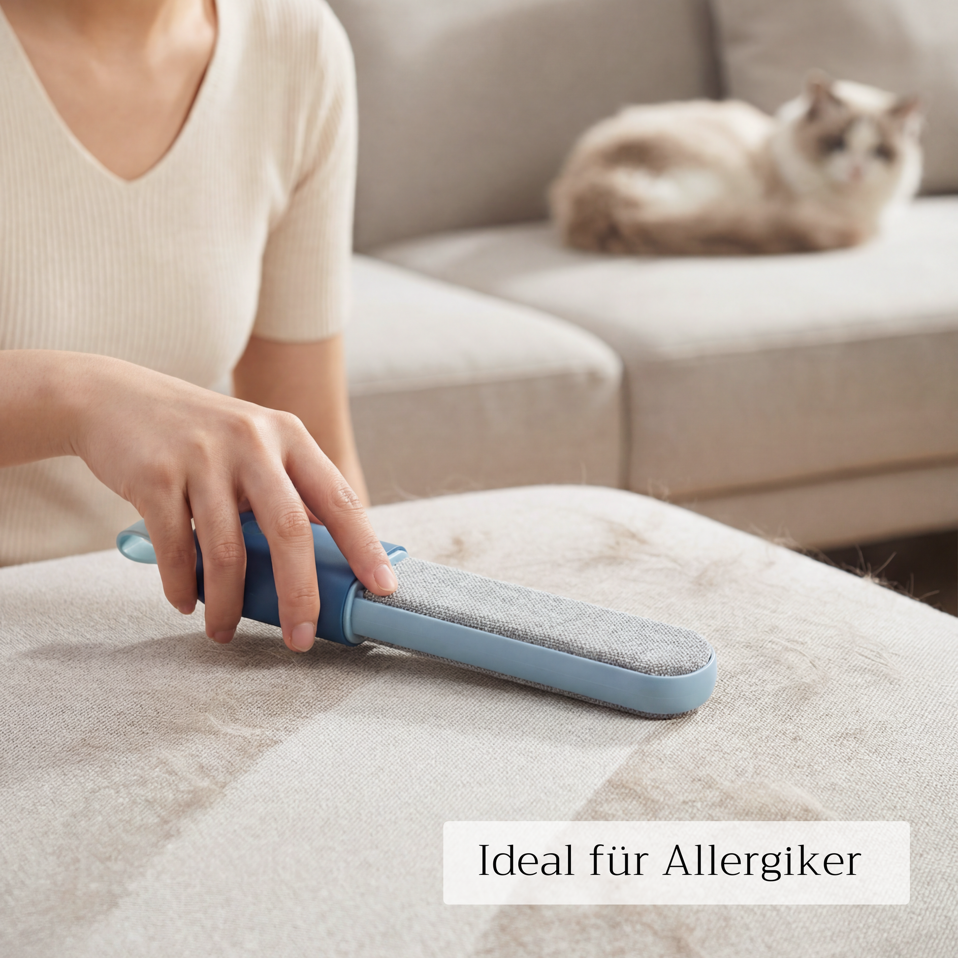 Frau entfernt Tierhaare vom Sofa, Katze liegt im Hintergrund