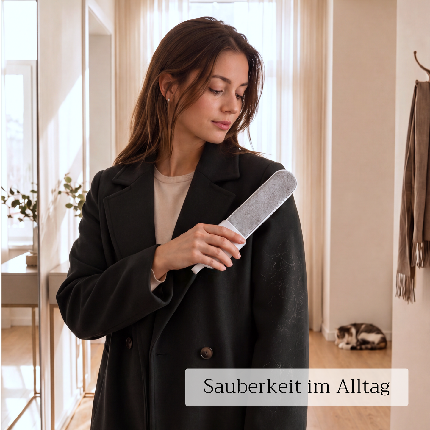 Frau entfernt Fusseln von ihrem schwarzen Mantel mit der Luvari CleanBrush
